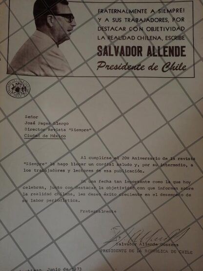 AFICHE RETRO ORIGINAL. CARTA DE SALVADOR ALLENDE A JOSE PAGES LLERGO 1973