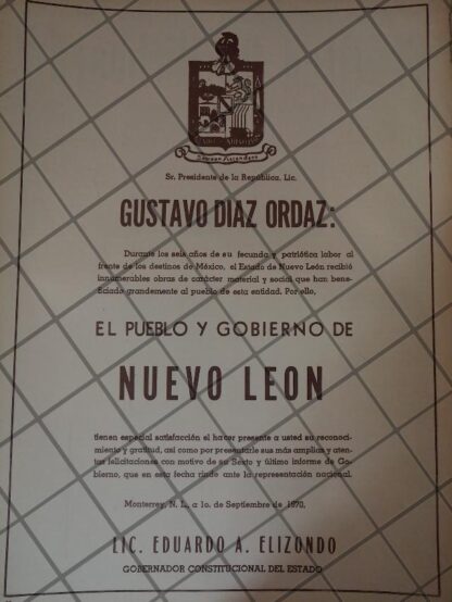 AFICHE POLITICO RETRO NUEVO LEON FELICITA A DIAZ ORDAZ 1970