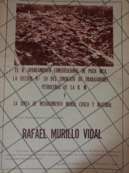 AFICHE ANTIGUO SINDICATO PETROLERO P. RICA A RAFAEL MURILLO VIDAL