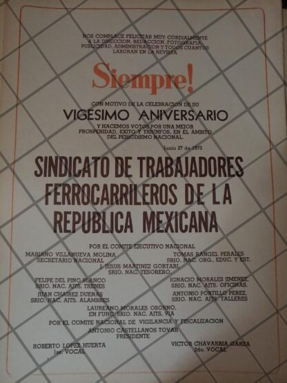 AFICHE ANTIGUO. SINDICATO FERROCARRILERO A REVISTA SIEMPRE 1973