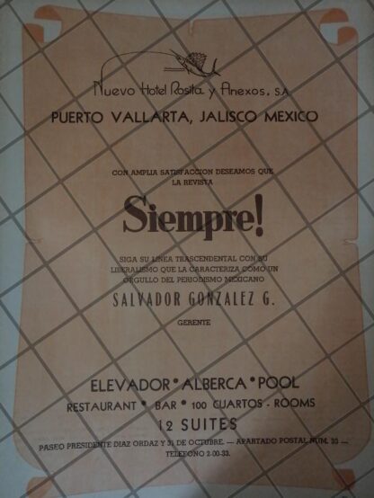 CARTEL RETRO ORIGINAL, HOTEL NUEVA ROSITA, P. VALLARTA 1973