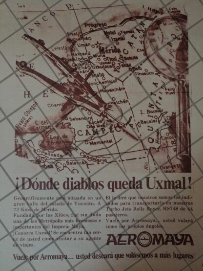 RARO AFICHE RETRO ORIGINAL. AEROLINEAS AEROMAYA 1967 /928