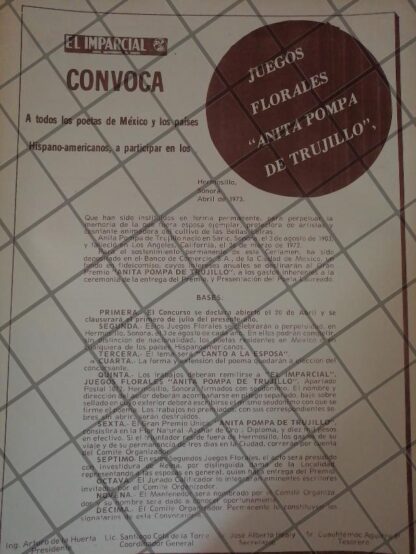 AFICHE RETRO. CONVOCATORIA JUEGOS FLORARES ANITA POMPA TRUJILLO 1973