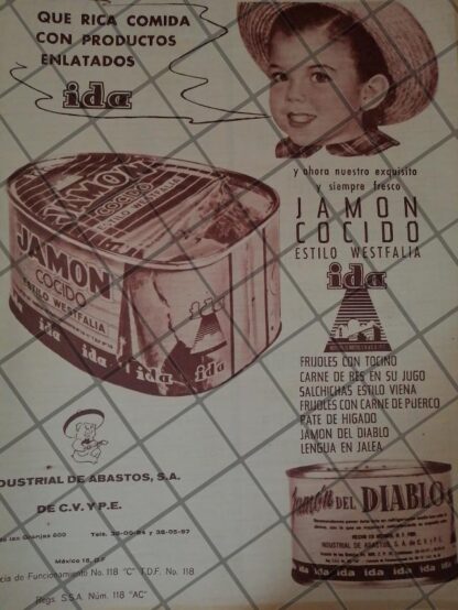 CARTEL ANTIGUO ORIGINAL DE JAMON COCIDO IDA. INDUSTRIAL DE ABASTOS S.A 1964