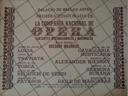 AFICHE RETRO ORIGINAL. CIA. NACIONAL DE OPERA BELLAS ARTES 1973