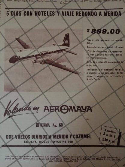 RARO AFICHE RETRO ORIGINAL. AEROLINEAS AEROMAYA 1967 /917