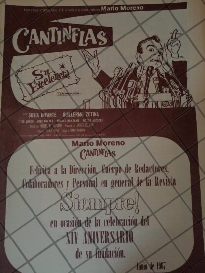 RARO AFICHE RETRO ORIGINAL. CANTINFLAS FELICITA A LA REVISTA SIEMPRE 1967