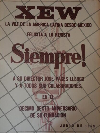 AFICHE RETRO ORIGINAL. X.E.W RADIO FELICITA A JOSE PAGERS LLERGO 1969