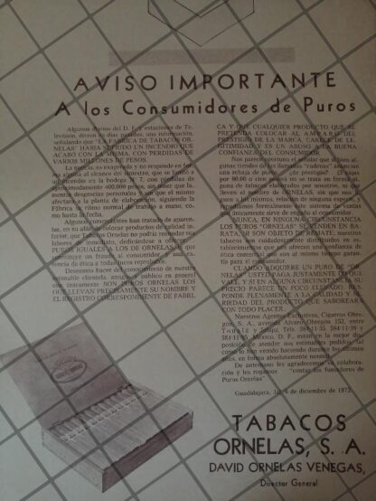 CARTEL ANTIGUO ORIGINAL. INCENDIO EN PUROS ORNELAS, CIGARROS OBREGON 1973