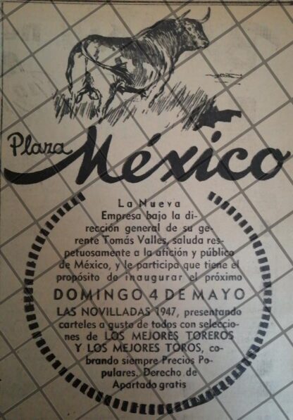 CARTEL PUBLICITARIO RETRO PLAZA MEXICO 1947 TOROS /962