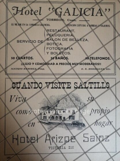 AFICHE ANTIGUO HOTEL ARIZPE SAINZ Y HOTEL GALICIA, COAHUILA 1943