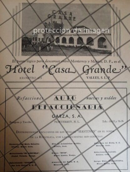 AFICHE ANTIGUO HOTEL CASA GRANDE Y MAS, SAN LUIS POTOSI 1943