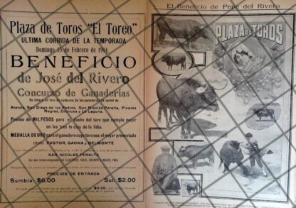 AFICHE ANTIGUO CORRIDA DE TOROS. BENEFICIO DE PEPE DEL RIVERO 1914