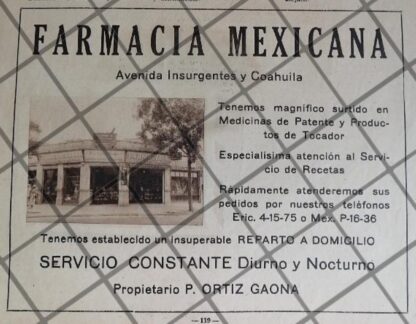 CARTEL ANTIGUO FARMACIA NACIONAL. ORTIZ GAONA 1942