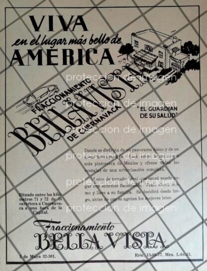 AFICHE ANTIGUO ORIGINAL NACE LA COL. BELLA VISTA, CUERNAVACA 1941