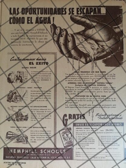 CARTEL PUBLICITARIO ANTIGUO ESCUELAS HEMPHILL SCHOOLS 1950