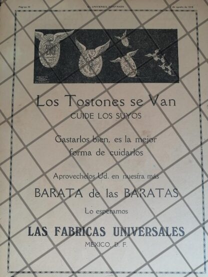 CARTEL PUBLICITARIO ANTIGUO. TIENDA LAS FABRICAS UNIVERSALES 1919