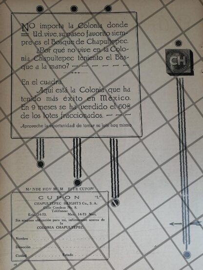 CARTEL ANTIGUO COLONIA CHAPULTEPEC HEIGTHS 1926 /1026