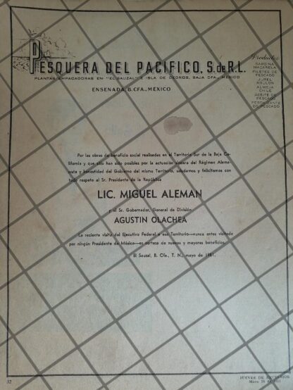 AFICHE POLITICO ANTIGUO PESQUERIA DEL PACIFICO 1951