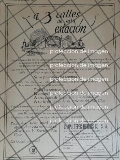 PUBLICIDAD ANTIGUA CIA. BIENES RAICES CHAPULTEPEC HEIGHTS 1927