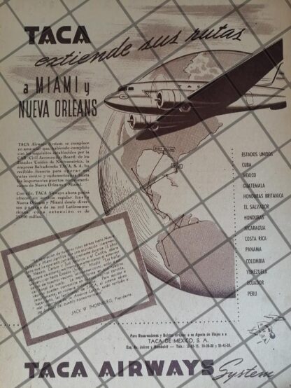 CARTEL ANTIGUO ORIGINAL AEROLINEAS TACA 1947 (AVIANCA) /991