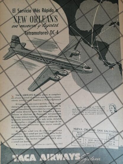 CARTEL ANTIGUO ORIGINAL AEROLINEAS TACA 1947 (AVIANCA) /990