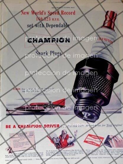 CARTEL ANTIGUO BUJIAS CHAMPION RECORD DE VELOCODAD HIDROPLANO