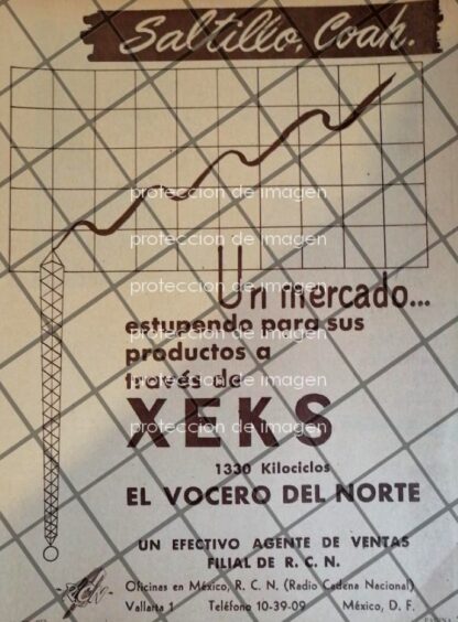 AFICHE ANTIGUO RADIO DIFUSORA XEKS EL VOCERO DEL NORTE 1952