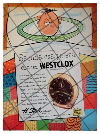 CARTEL PUBLICIDAD RETRO RELOJ DESPERTADOR WESTCLOX 1952 619