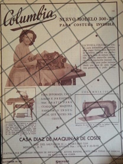 CARTEL PUBLICITARIO RETRO MAQUINAS DE COSER COLUMBIA 1953 612