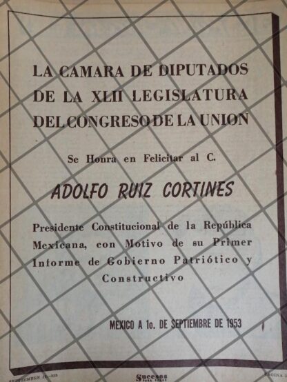 AFICHE RETRO EL CONGRESO FELICITA A RUIZ CORTINES 1953