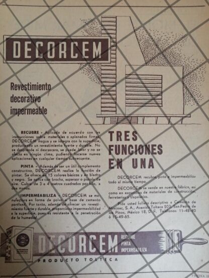 CARTEL ANTIGUO DECORCEM, CEMENTOS TOLTECA 1953 1099