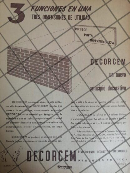 CARTEL ANTIGUO DECORCEM, CEMENTOS TOLTECA 1953 1098