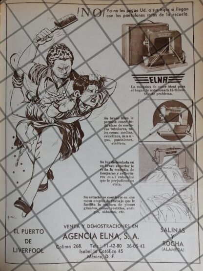 CARTEL PUBLICITARIO MAQUINA COSER ELNA DIBUJO FEDERICO CURIEL 1948