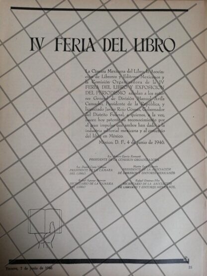 AFICHE ANTIGUO AVILA CAMACHO Y CUARTA FERIA DEL LIBRO 1946