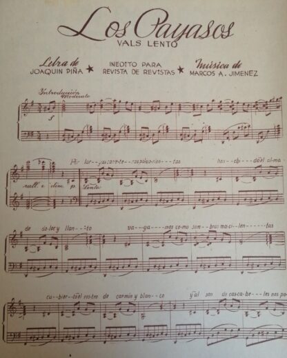 PARTITURA ANTIGUA INEDITA. LOS PAYASOS. MARCOS A. JIMENEZ 1937