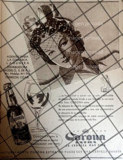 CARTEL PUBLICITARIO RETRO CERVEZA CORONITA 1937 TORREON