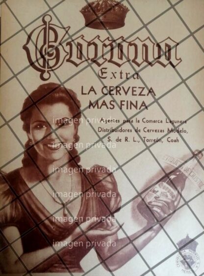 CARTEL PUBLICITARIO RETRO CERVEZA CORONA 1937 TORREON