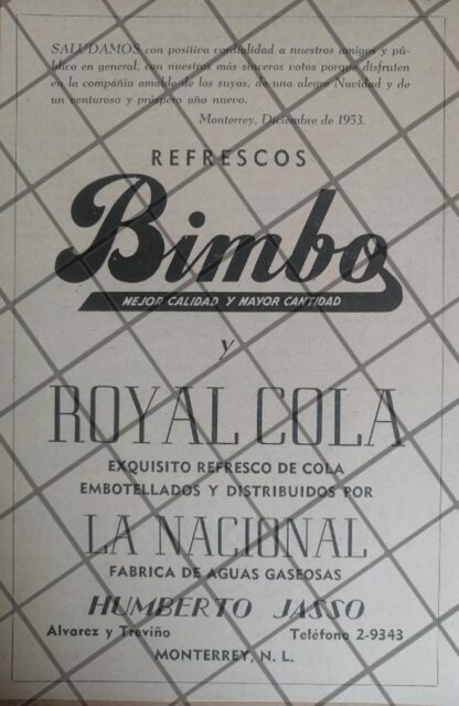 AFICHE PUBLICITARIO RETRO REFRESCOS BIMBO 1953 MONTERREY