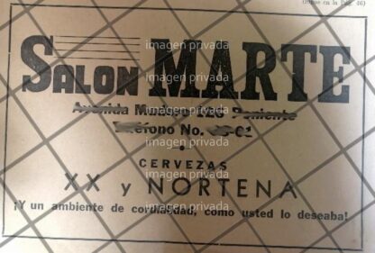 PUBLICIDAD ANTIGUA CANTINA SALON MARTE 1942 MONTERREY