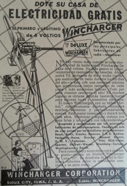 AFICHE PUBLICITARIO ANTIGUO GENERADOR EOLICO WINCHARGER 1937