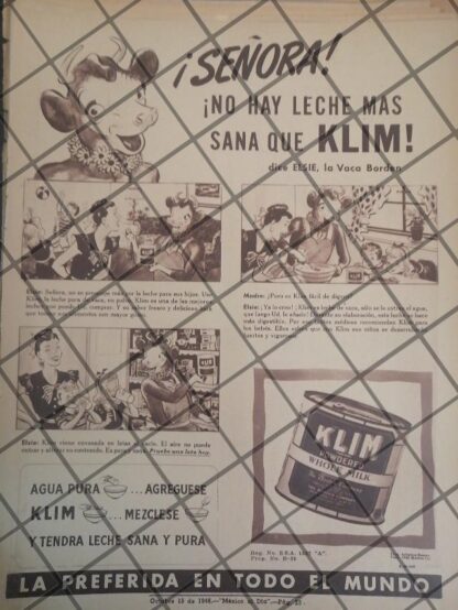 CARTEL PUBLICITARIO RETRO LECHE EN POLVO KLIM (BORDEN) 1948