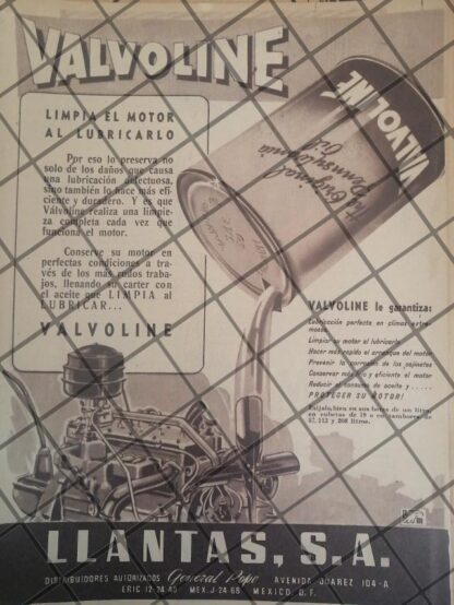 CARTEL PUBLICITARIO ANTIGUO LUBRICANTES VALVOLINE 1945