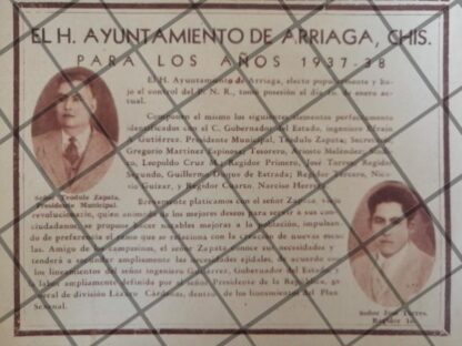 CARTEL RETRO AYUNTAMIENTO DE ARRIAGA CHIAPAS 1937