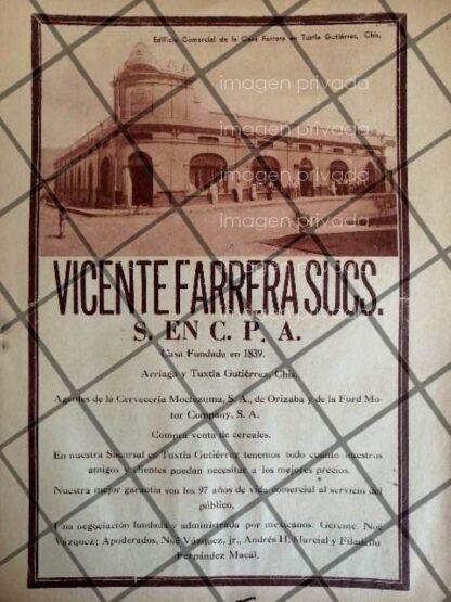 CARTEL PUBLICITARIO CASA VICENTE FERRARA S.A TUXTLA. CHIAPAS 1939