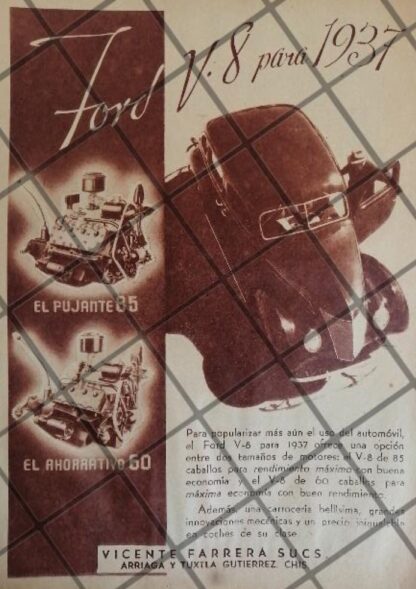 CARTEL VINTAGE AUTOS FORD V8 1937 AGENCIA. VICENTE FERRARA