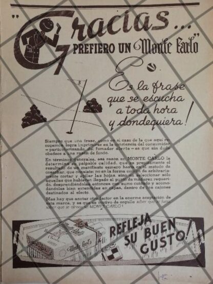 AFICHE PUBLICITARIO ANTIGUO CIGARROS MONTECARLO 1939 299