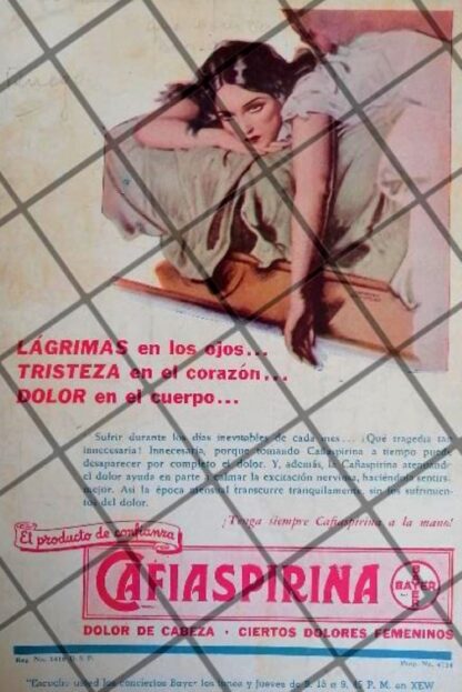 CARTEL PUBLICITARIO ANTIGUO. CAFIASPIRINA BAYER 1937 100