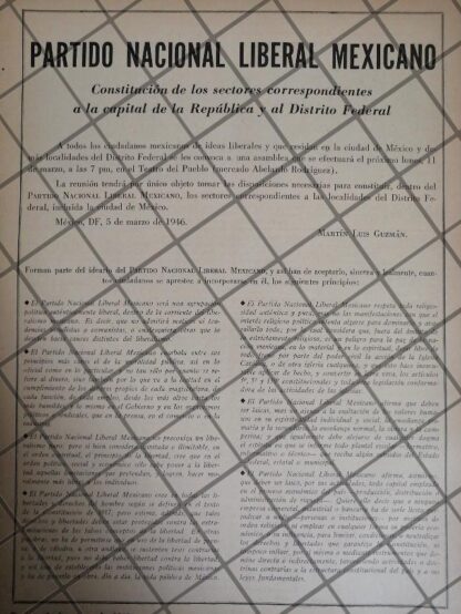 AFICHE POLITICO RETRO PARTIDO NACIONAL LIBERAL MEXICANO 1946 2