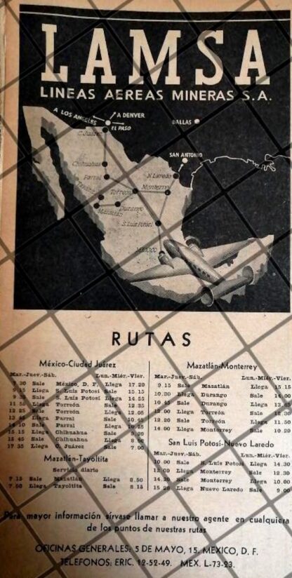 CARTEL ANIGUO AEROLINEAS. LINEAS AEREAS MINERAS 1942 LAMSA